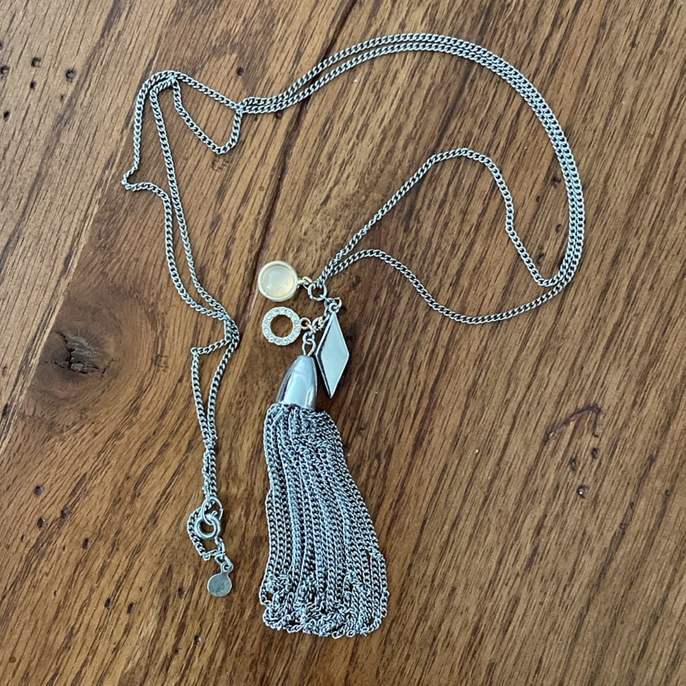 Ann Taylor Loft silver contemporary long pendant statement necklace